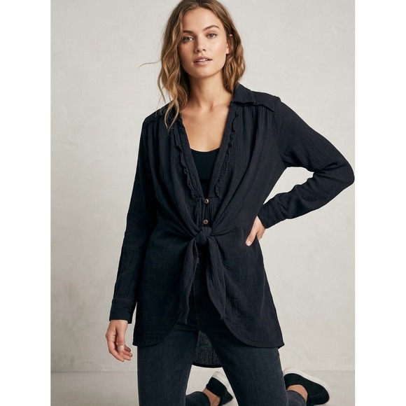 Free People Tops - Free People Crinkled Tunic Women Black Sz M Ruched V-Neck Boho Sternum Tie